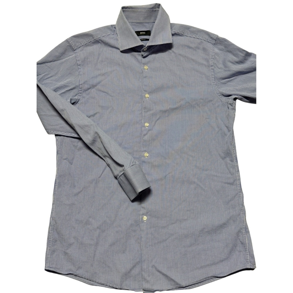 Hugo Boss Mens Blue Gingham Sharp Fit Button Down Shirt 16 34/35  Long Sleeve